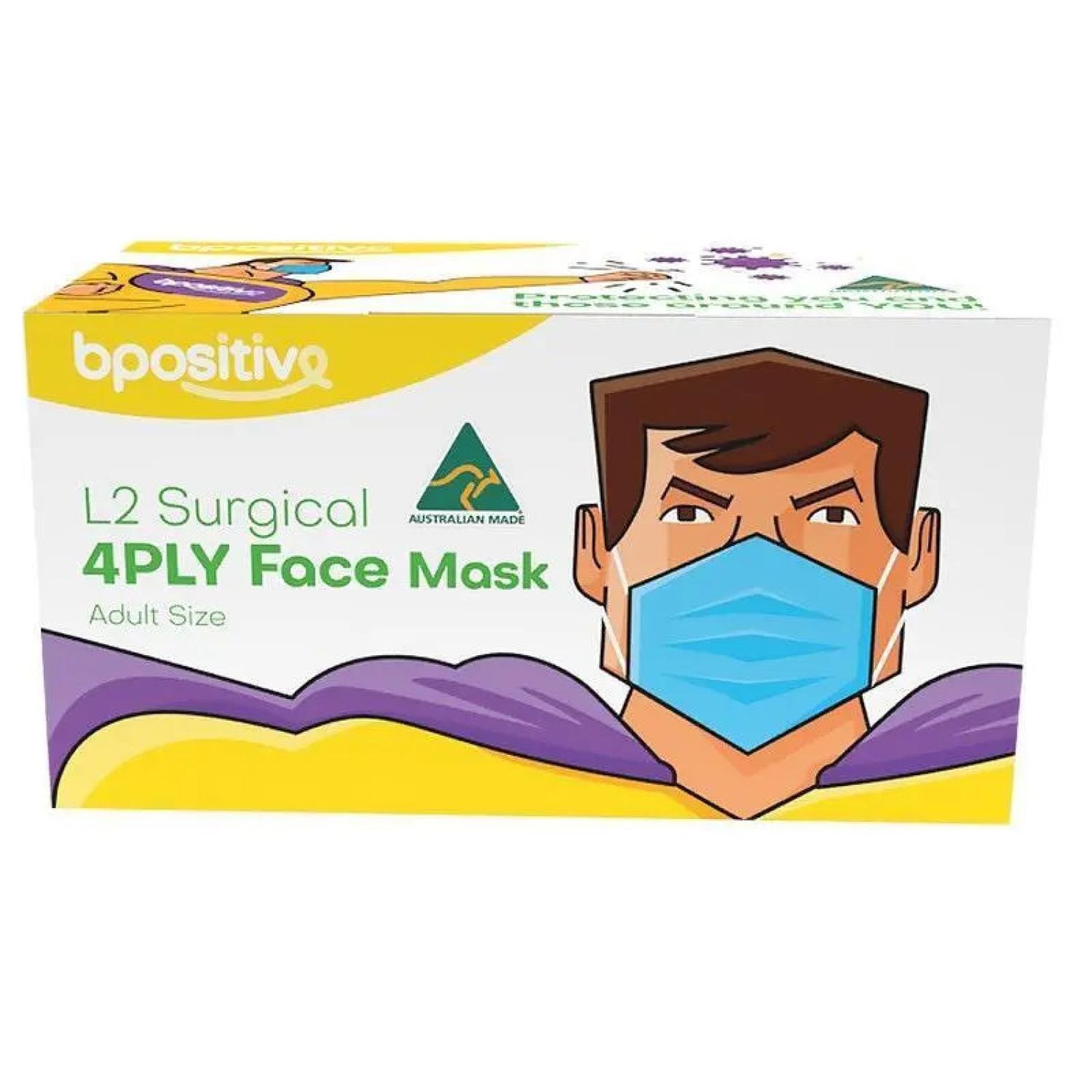 BPositive Face Mask: 4-Layer Level 2; With Ear Loops; Australian Made - Box of 50