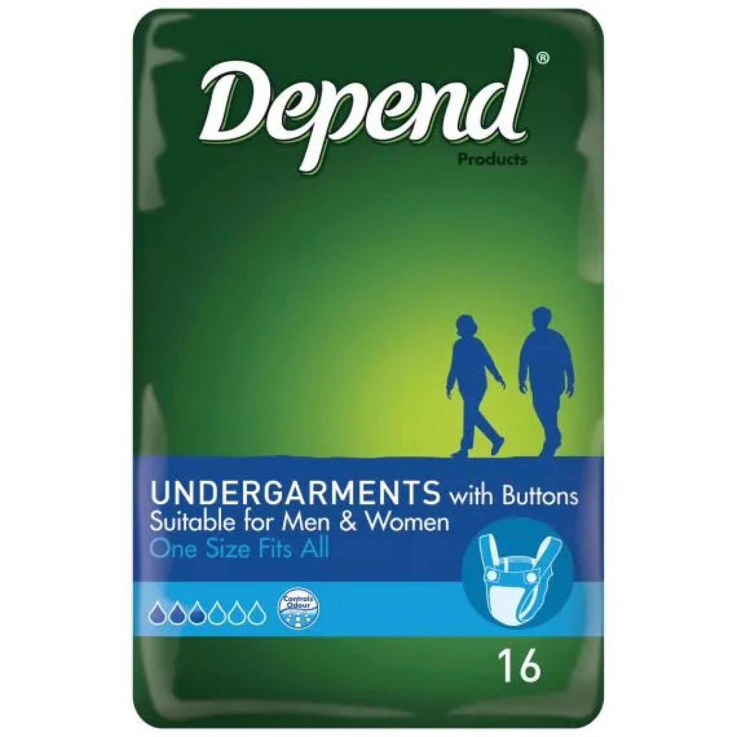 Depend Undergarments With Buttons- Unisex- One Size Fits All 16 - Packet of 16