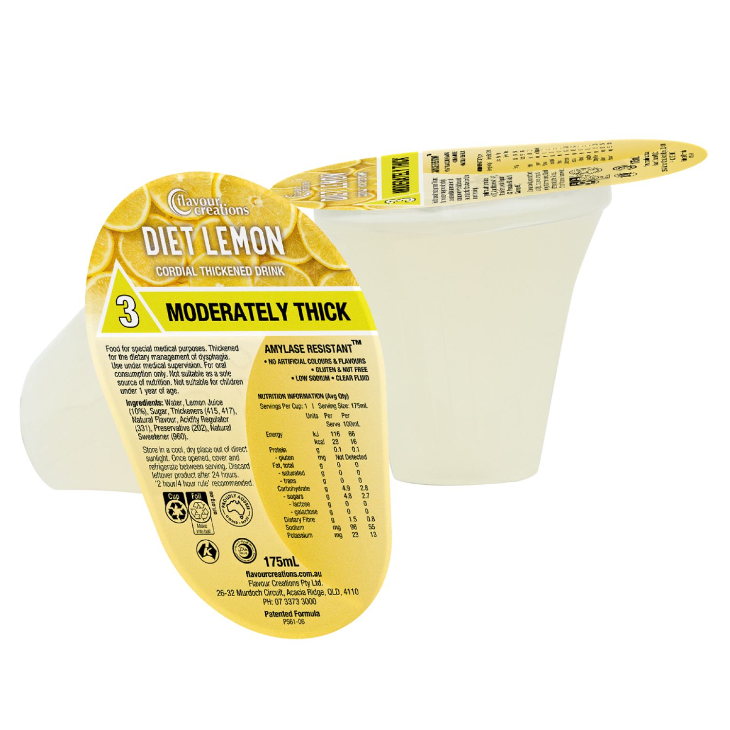 Flavour Creations Diet Lemon Cordial 400 / 3 Moderately Thick 175mL  - Box of 24