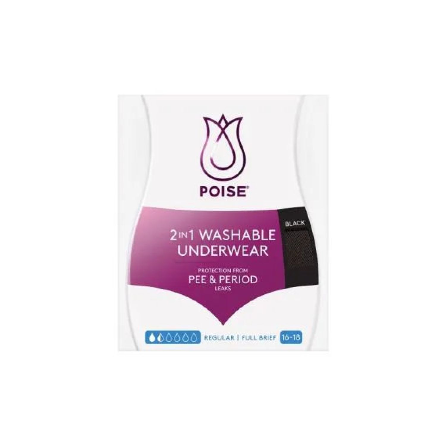 Poise 2-in-1 Period & Incontinence Undies Black Size 16-18 - Pack of 6