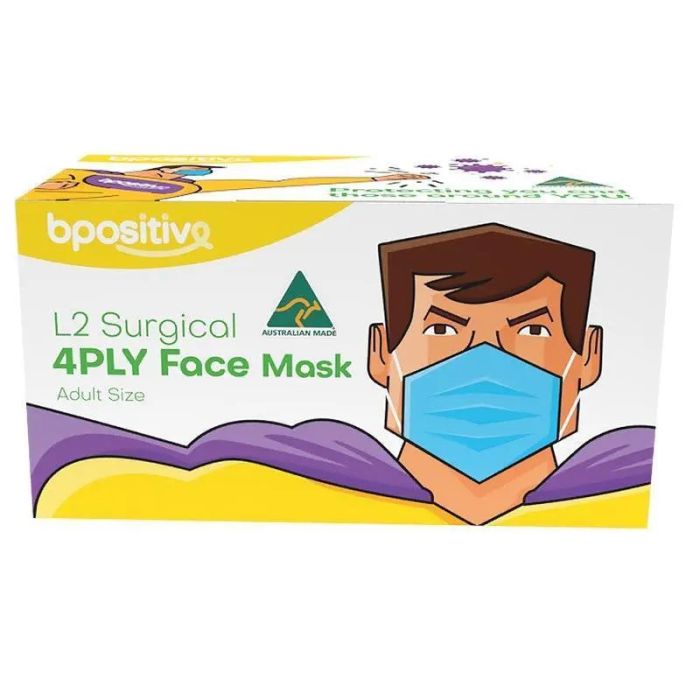 BPositive Face Mask: 4-Layer Level 2; With Ear Loops; Australian Made - Box of 50